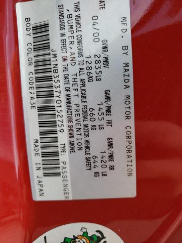 JM1NB3537Y0152759 - 2000 MAZDA MX-5 MIATA BASE RED photo 13