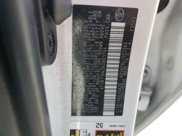 4T1B11HK2KU801764 - 2019 TOYOTA CAMRY L 白色 照片 13