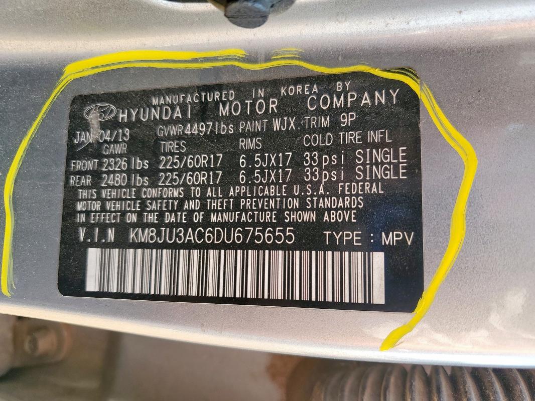 KM8JU3AC6DU675655 - 2013 HYUNDAI TUCSON GLS SILVER photo 13