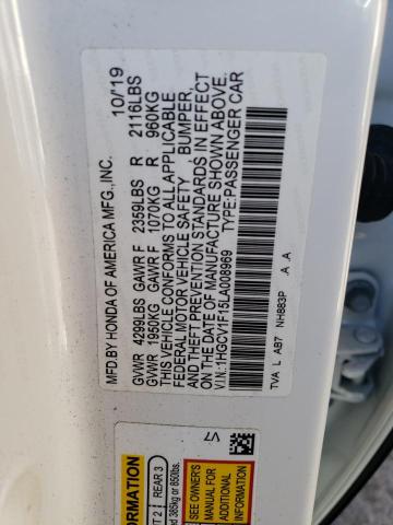 1HGCV1F15LA008969 - 2020 HONDA ACCORD LX WHITE photo 12