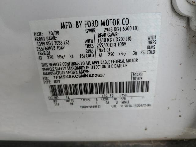 1FM5K8AC6MNA02637 - 2021 FORD EXPLORER POLICE INTERCEPTOR WHITE photo 14