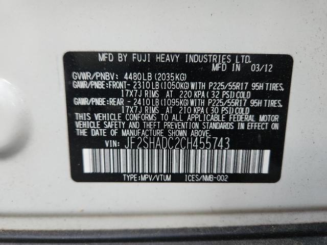 JF2SHADC2CH455743 - 2012 SUBARU FORESTER 2.5X PREMIUM WHITE photo 13