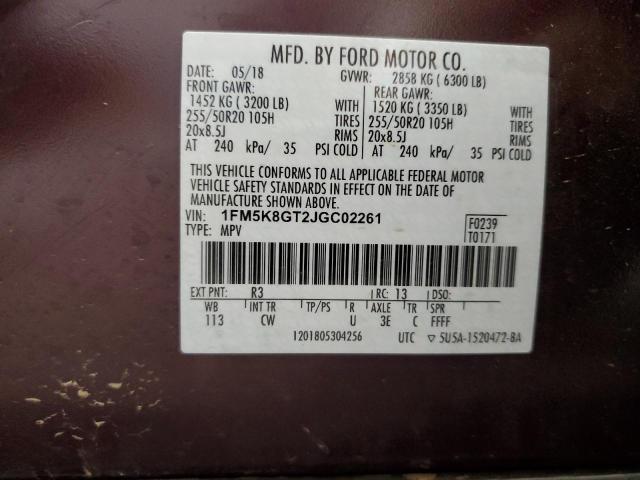 1FM5K8GT2JGC02261 - 2018 FORD EXPLORER SPORT Burgund zdjęcie 13