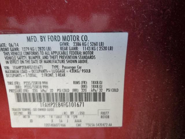 1FAHP2E84FG101671 - 2015 FORD TAURUS SEL RED photo 13