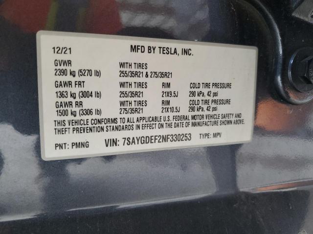 7SAYGDEF2NF330253 - 2022 TESLA MODEL Y CHARCOAL photo 14