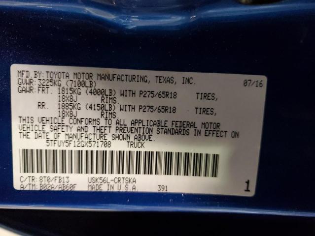 5TFUY5F12GX571708 - 2016 TOYOTA TUNDRA DOUBLE CAB SR/SR5 BLUE photo 12
