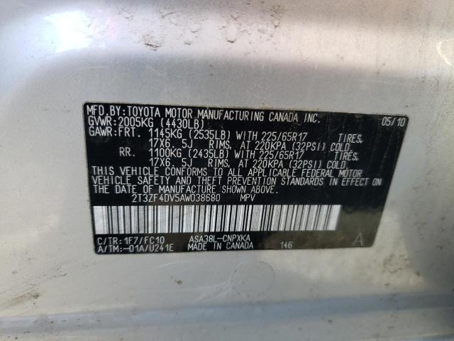 2T3ZF4DV5AW038680 - 2010 TOYOTA RAV4 SILVER photo 12