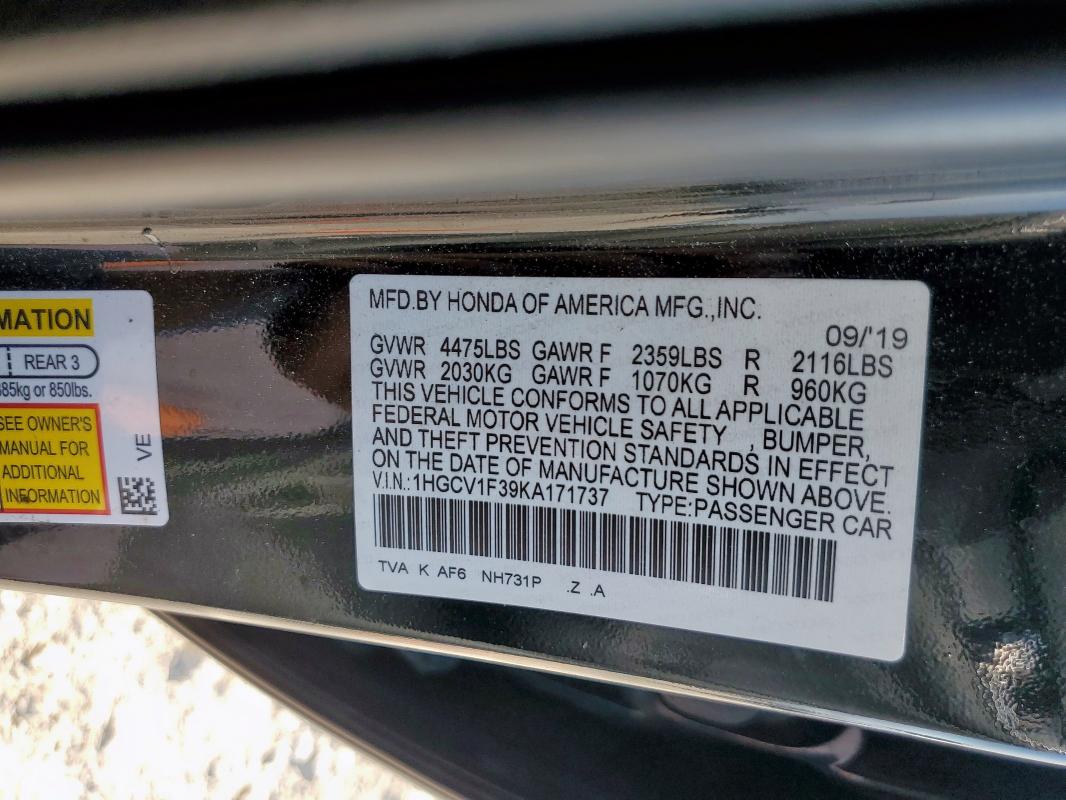 1HGCV1F39KA171737 - 2019 HONDA ACCORD SPORT Чорний фото 13