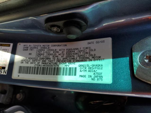 JTEBU14R350067075 - 2005 TOYOTA 4RUNNER SR5 TEAL photo 12