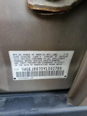 1HGEJ6670YL042769 - 2000 HONDA CIVIC LX TAN photo 12