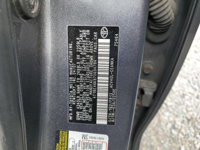 4T1BE46K87U694784 - 2007 TOYOTA CAMRY CE CHARCOAL photo 12
