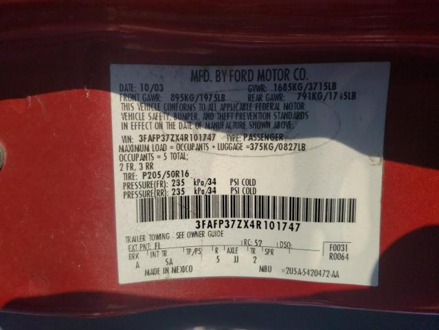 3FAFP37ZX4R101747 - 2004 FORD FOCUS ZX5 RED photo 12