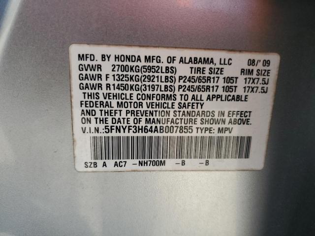 5FNYF3H64AB007855 - 2010 HONDA PILOT EXL SILVER photo 13