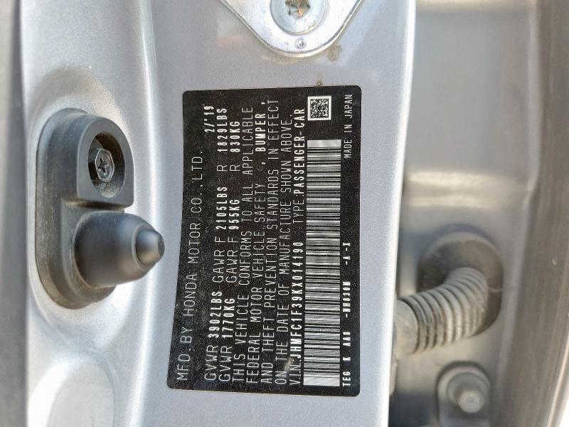 JHMFC1F39KX014190 - 2019 HONDA CIVIC EX SILVER photo 12