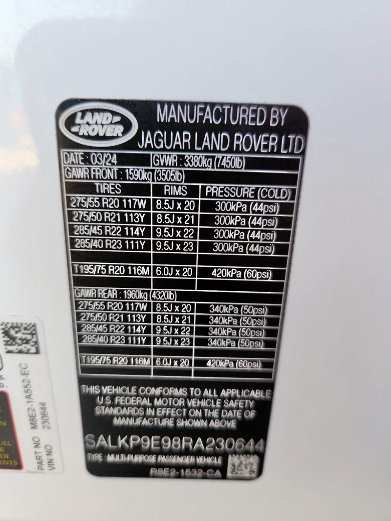 SALKP9E98RA230644 - 2024 LAND ROVER RANGE ROVE SE WHITE photo 14