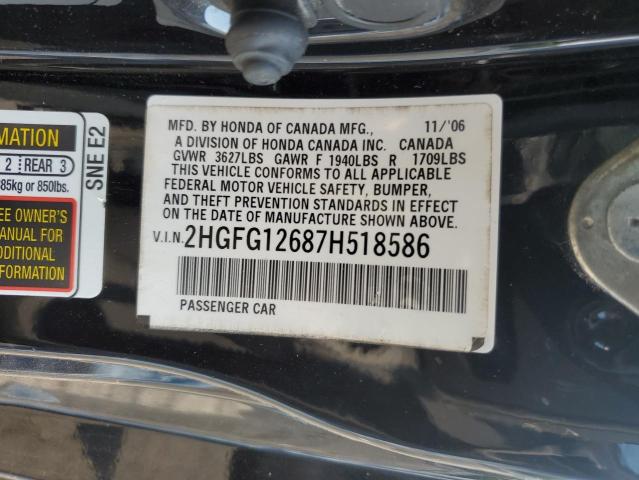 2HGFG12687H518586 - 2007 HONDA CIVIC LX BLACK photo 12