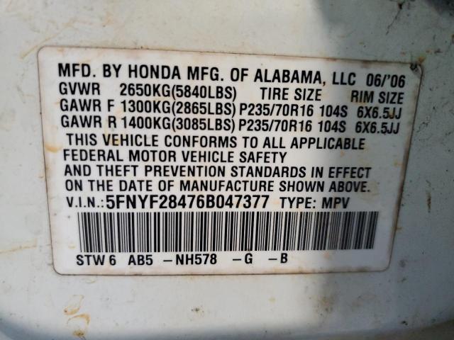 5FNYF28476B047377 - 2006 HONDA PILOT EX WHITE photo 13