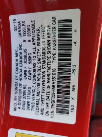 2HGFC2F65KH551016 - 2019 HONDA CIVIC LX RED photo 12