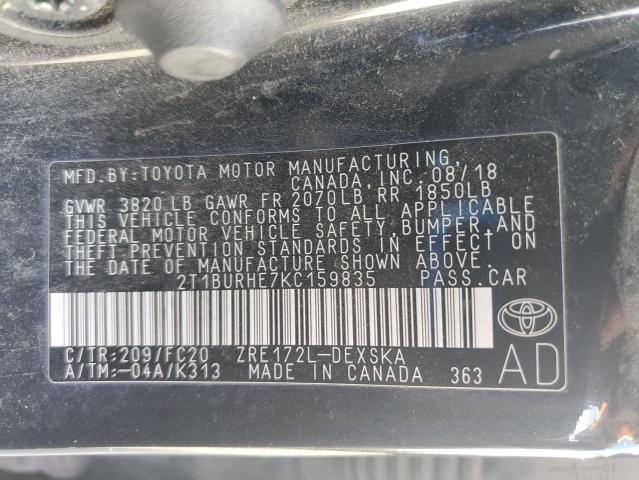 2T1BURHE7KC159835 - 2019 TOYOTA COROLLA L BLACK photo 13