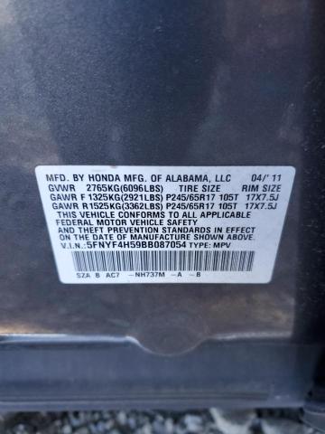 5FNYF4H59BB087054 - 2011 HONDA PILOT EXL GRAY photo 13