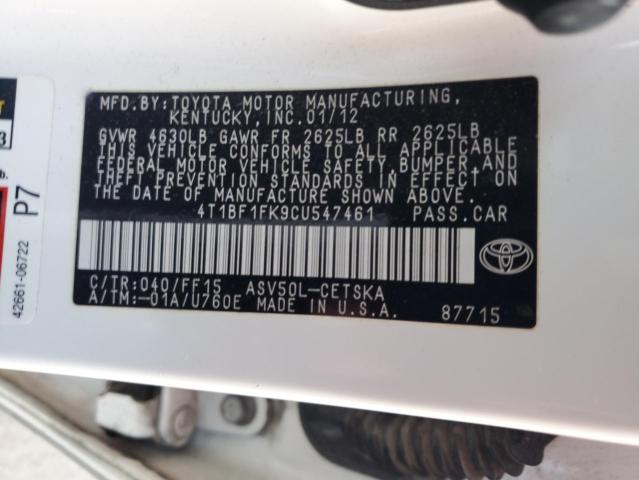 4T1BF1FK9CU547461 - 2012 TOYOTA CAMRY BASE 白色 照片 12