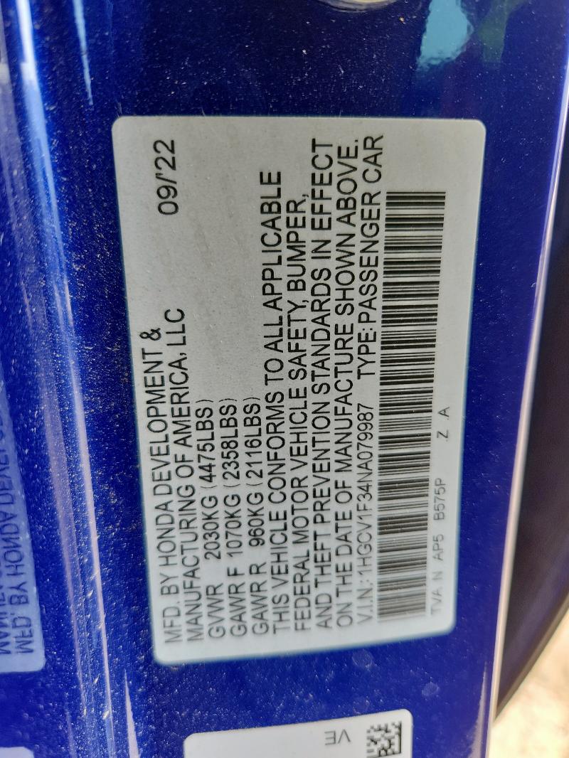 1HGCV1F34NA079987 - 2022 HONDA ACCORD SPORT BLUE photo 12
