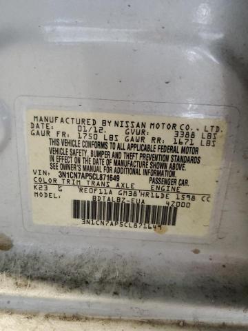 3N1CN7AP5CL871649 - 2012 NISSAN VERSA S SILVER photo 12