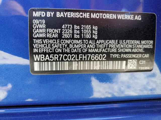 WBA5R7C02LFH76602 - 2020 BMW 330XI BLUE photo 12