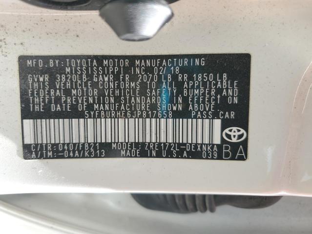 5YFBURHE6JP817658 - 2018 TOYOTA COROLLA L WHITE photo 13