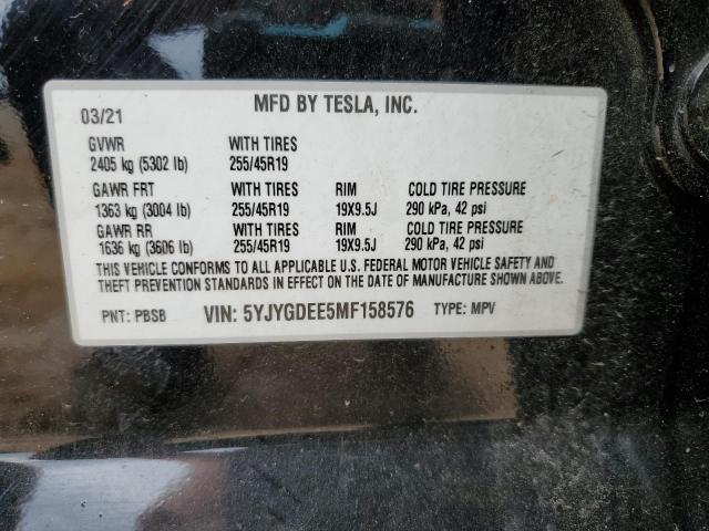 5YJYGDEE5MF158576 - 2021 TESLA MODEL Y 黑色 照片 12
