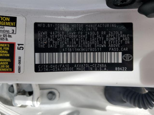 4T1B11HK9KU780511 - 2019 TOYOTA CAMRY L Blanc photo 12