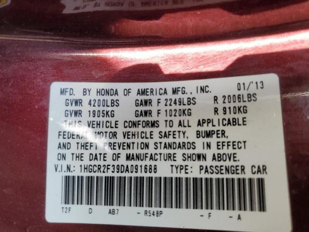 1HGCR2F39DA091688 - 2013 HONDA ACCORD LX მუქწითელი ფოტო 12