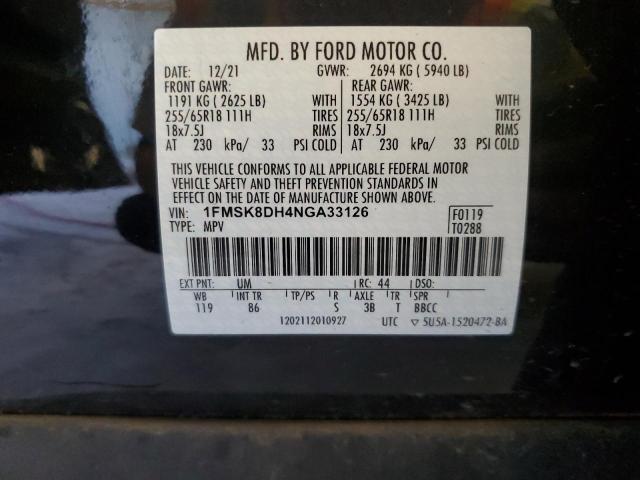1FMSK8DH4NGA33126 - 2022 FORD EXPLORER XLT BLACK photo 14