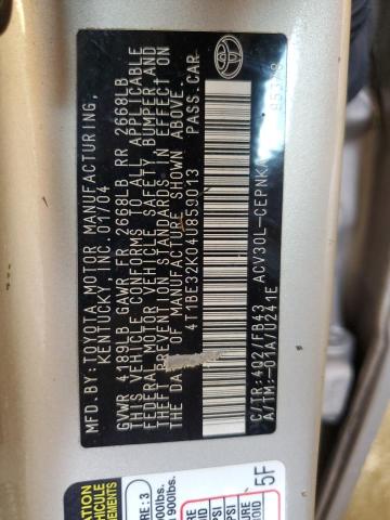 4T1BE32K04U859013 - 2004 TOYOTA CAMRY LE TAN photo 12