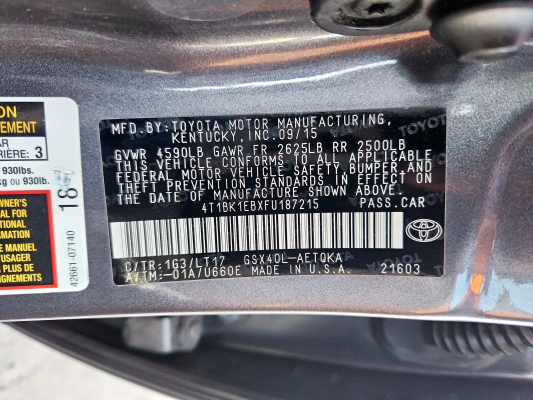 4T1BK1EBXFU187215 - 2015 TOYOTA AVALON XLE GRAY photo 12