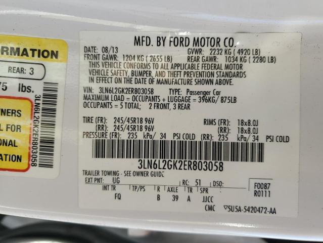 3LN6L2GK2ER803058 - 2014 LINCOLN MKZ 白色 照片 12