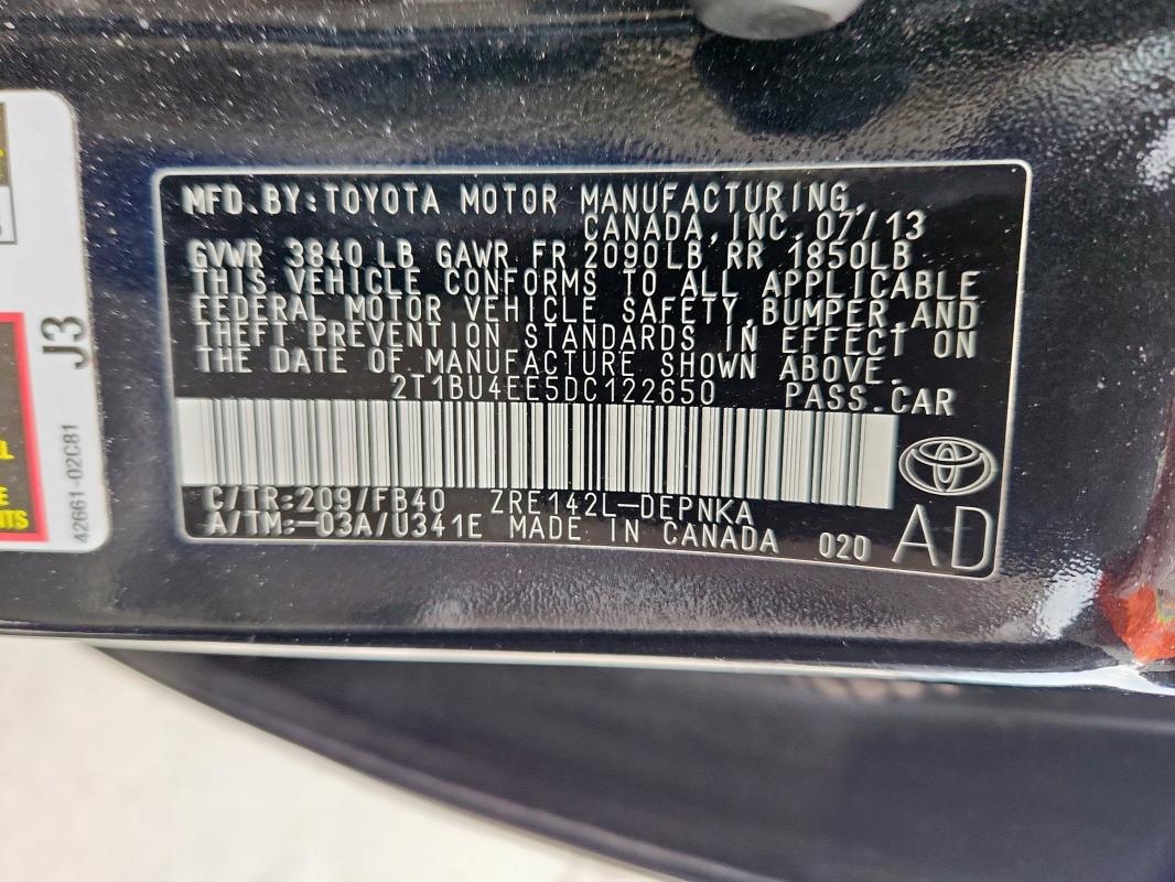 2T1BU4EE5DC122650 - 2013 TOYOTA COROLLA LE BASE BLACK photo 12