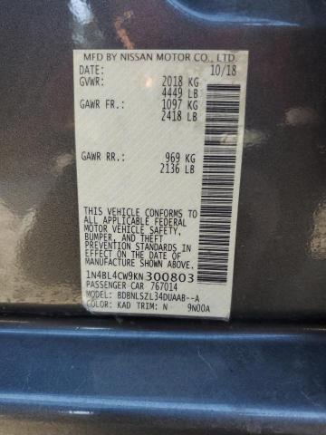 1N4BL4CW9KN300803 - 2019 NISSAN ALTIMA SR 灰色 照片 12