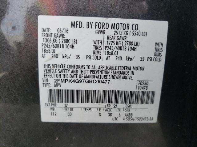 2FMPK4G97GBC00477 - 2016 FORD EDGE SE GRAY photo 12