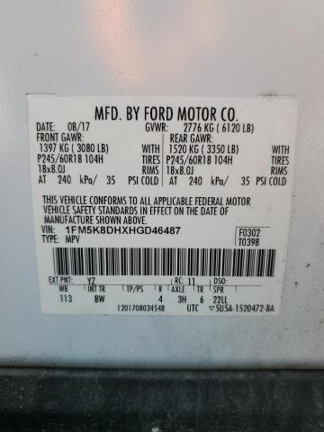 1FM5K8DHXHGD46487 - 2017 FORD EXPLORER XLT Ağ foto 13