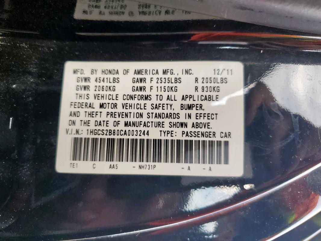 1HGCS2B80CA003244 - 2012 HONDA ACCORD EXL BLACK photo 12