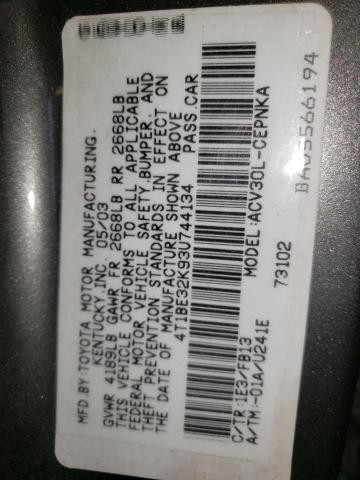 4T1BE32K93U744134 - 2003 TOYOTA CAMRY LE GRAY photo 12