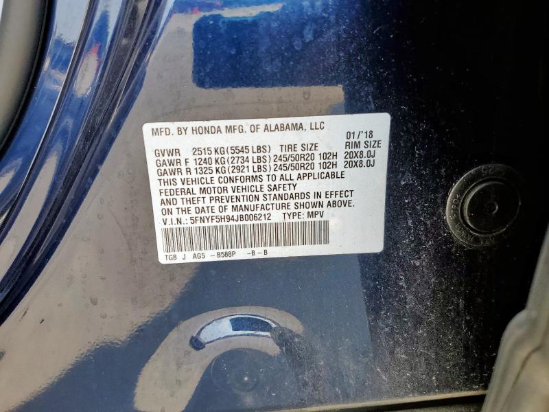 5FNYF5H94JB006212 - 2018 HONDA PILOT TOURING ლურჯი ფოტო 13