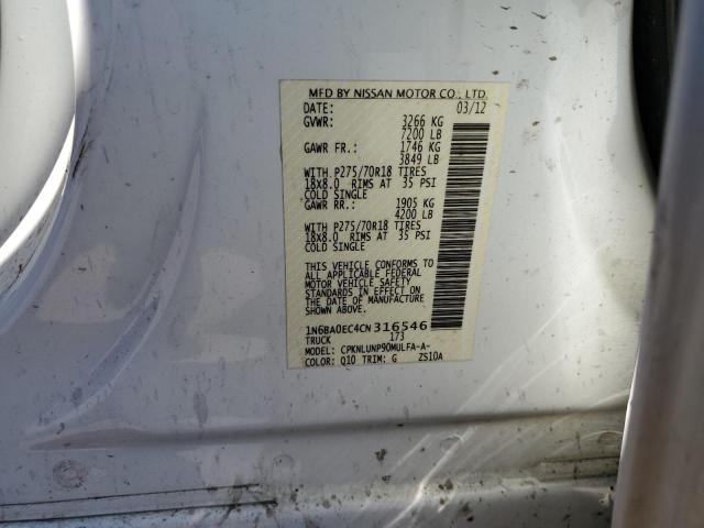 1N6BA0EC4CN316546 - 2012 NISSAN TITAN S WHITE photo 12