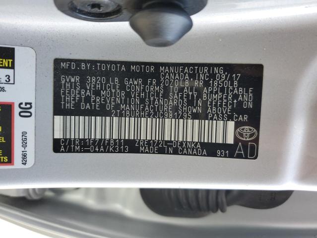 2T1BURHE2JC981795 - 2018 TOYOTA COROLLA L SILVER photo 12