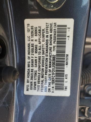 19XFC1F31LE003882 - 2020 HONDA CIVIC EX GRAY photo 13