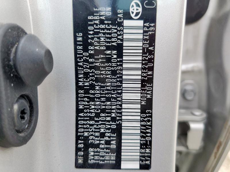 5YFEPRAE4LP112911 - 2020 TOYOTA COROLLA LE ვერცხლისფერი ფოტო 12