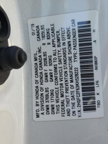 2HGFC2F63KH528222 - 2019 HONDA CIVIC LX თეთრი ფოტო 13