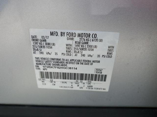 1FM5K7F82HGC38114 - 2017 FORD EXPLORER LIMITED SILVER photo 13