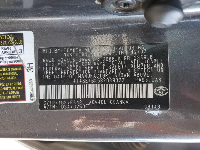 4T4BE46K58R039022 - 2008 TOYOTA CAMRY CE GRAY photo 12